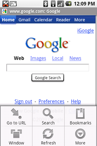 Android - przeglądarka - strona główna google.com i rozwinięte menu