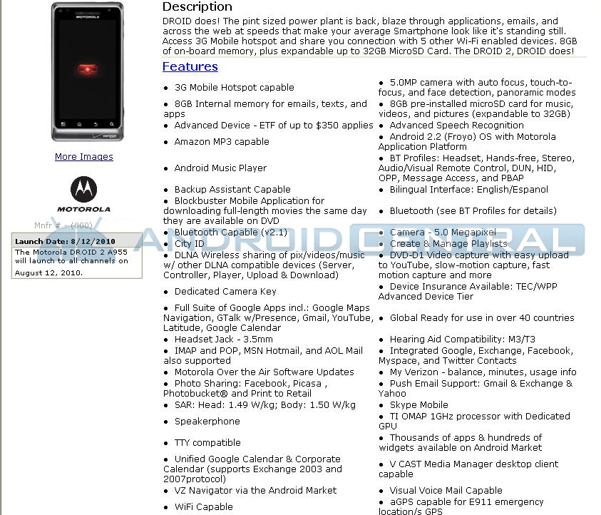 Motorola Droid 2 parametry Motorola Droid 2 parametry