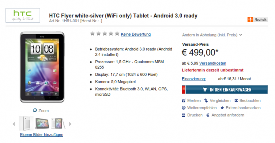 HTC Flyer WiFi Only - presale na Cyberport.de