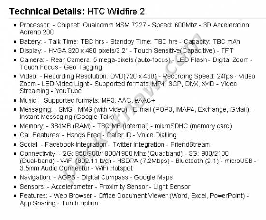 HTC Wildfire 2 - specyfikacja