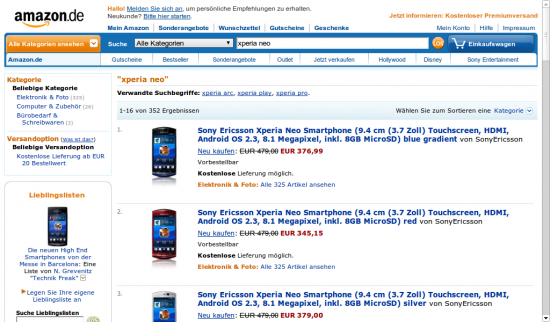Sony Ericsson Xperia Neo w przedsprzedaży Amazon.de