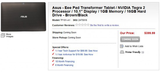 Strona BestBuy z ofertą Asusa Eee Pad Transformer