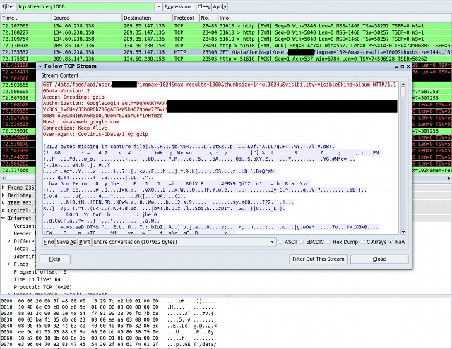 Wireshark z przechwyconum authTokenem